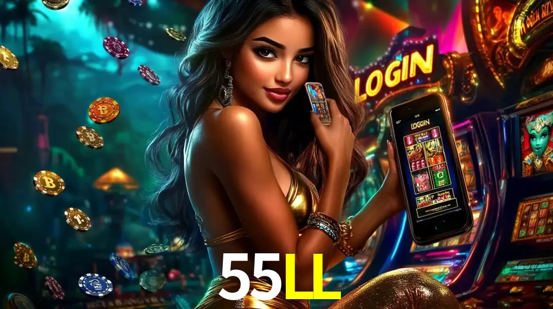 Mulher em um cenário de cassino temático de aventura, mostrando o app de caça-níqueis da 55LL no celular. Fichas de apostas flutuam ao redor.