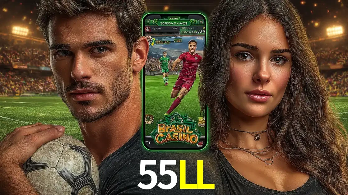 Homem segurando uma bola de futebol e uma mulher ao lado de um smartphone exibindo o jogo de apostas esportivas da 55LL. Faça seu palpite no cassino online.